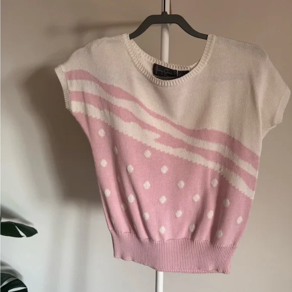 Vintage Jimmy Garcia Short Sleeve Knit Sweater - Cream & Pink, Size - Picture 2 of 6